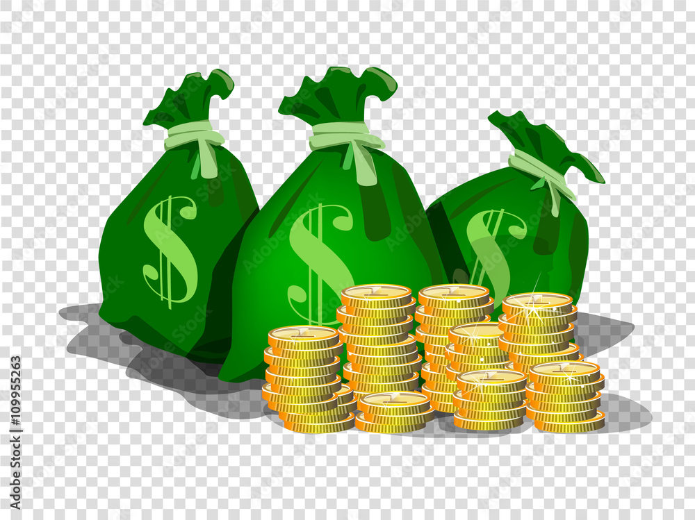 Bank bags with coins isolated. Bags of coins. Bags of banknotes and coins. The money in the bags