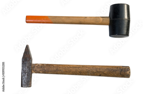 Rubber and steel hammer on a white background.