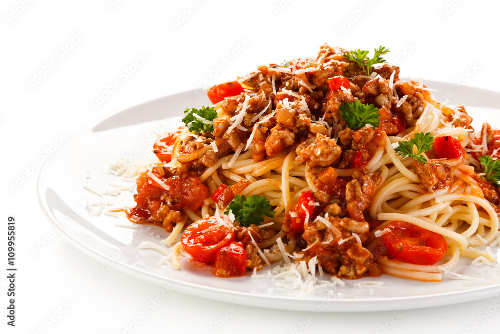 Pasta with meat, tomato sauce and vegetables Pasta with meat, tomato sauce and vegetables