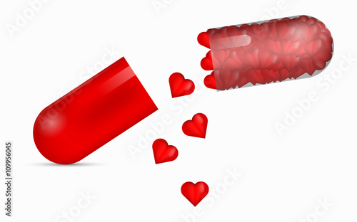 Red transparent pill full of glossy 3D hearts. 3D pill with falling red hearts. Halved pill full of beautifuil hearts. Love pill. Pill to heal broken heart. 3D medical pill with bunch of red hearts.