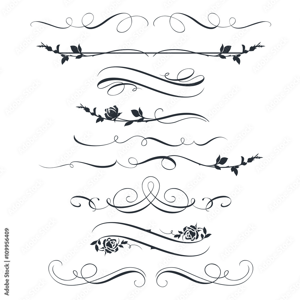 Set of calligraphic decorative elements and flowers