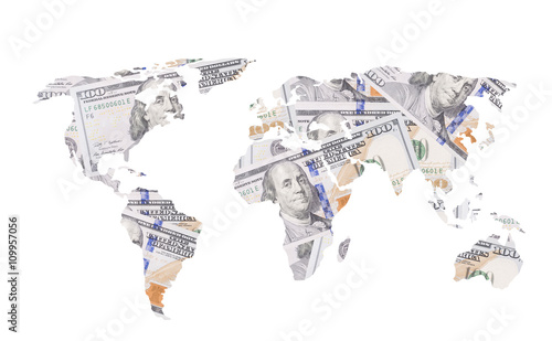 World map made of dollar bills as concept for world economy. Profit, capital, finance and money. photo