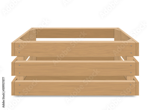 Empty wooden box for fruits and vegetables. Detailed vector illustration, Isolated. Box for transportation and storage of products.