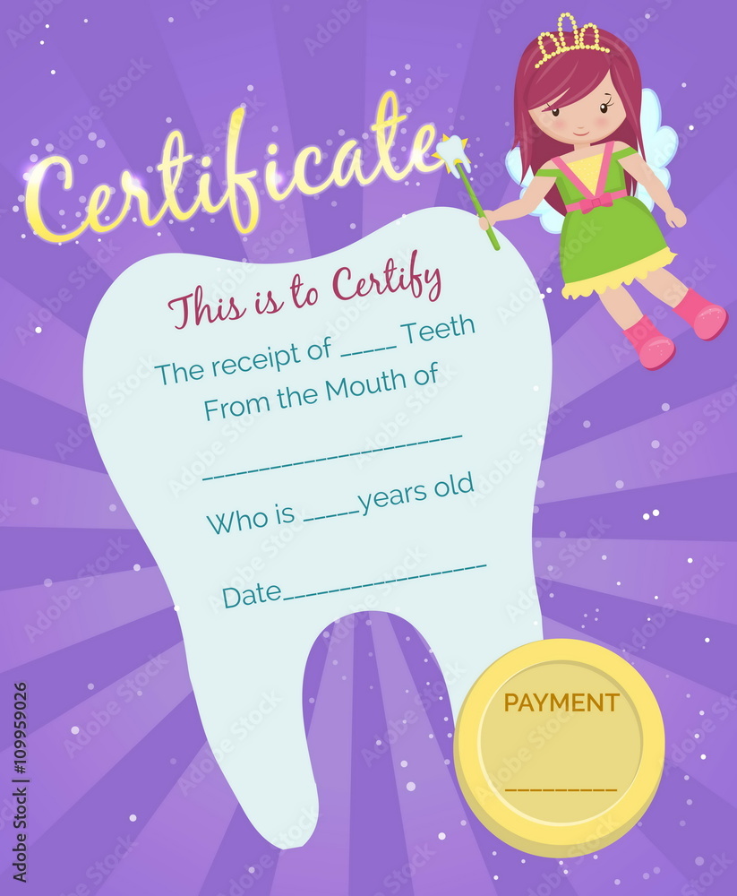 Cute tooth fairy receipt certificate template with sparkling tooth, tooth  fairy girl and coin. Reward for children who loose their baby teeth.  Stock-Vektorgrafik | Adobe Stock
