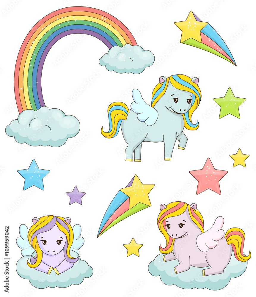 A set of cute magic pegasus fairy tale illustrations. Holiday and event decorations, design elements. Rainbow, clouds, stars. A set of cute magic pegasus fairy tale illustrations. Holiday and event decorations, design elements. Rainbow, clouds, stars.