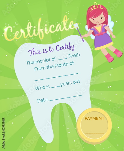 Cute tooth fairy receipt certificate template with sparkling tooth, tooth fairy girl and coin. Reward for children who loose their baby teeth.