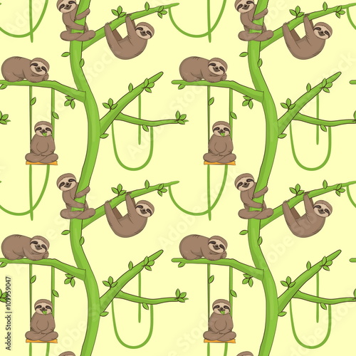 Seamless pattern with cute sloth animals hanging and resting on tropical trees. Endless nature cartoon background for gift wraps, fabric and design.