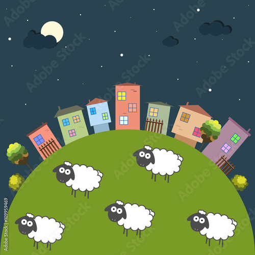 Good Night Theme With Colorful Houses And Sheep