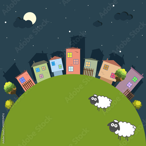 Good Night Theme With Colorful Houses And Sheep