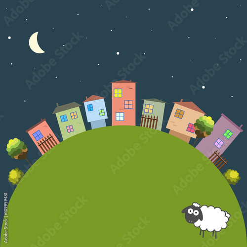 Good Night Theme With Colorful Houses And Sheep