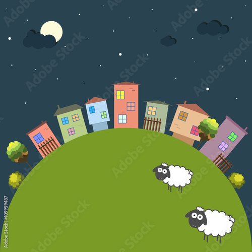 Good Night Theme With Colorful Houses And Sheep