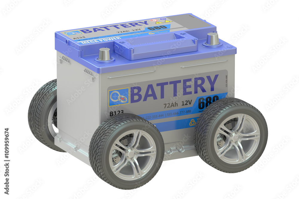 Naklejka premium battery car with wheels, 3D rendering