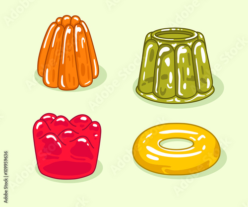 Illustration with colorful fruit jelly. Gelatin desserts set.