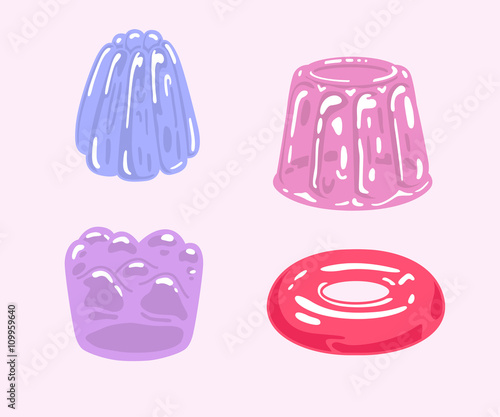 Illustration with colorful shiny jelly. Gelatin desserts set.