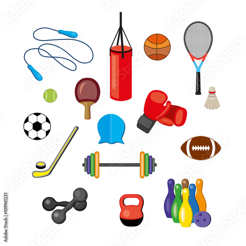 Set of flat sports equipment icons for gym training, bodybuilding and active lifestyle
