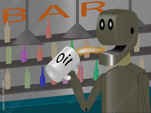 robot at the bar drinking oil