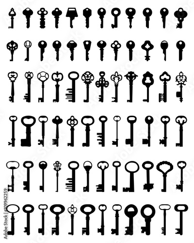 Set of black silhouettes of door keys, vector
