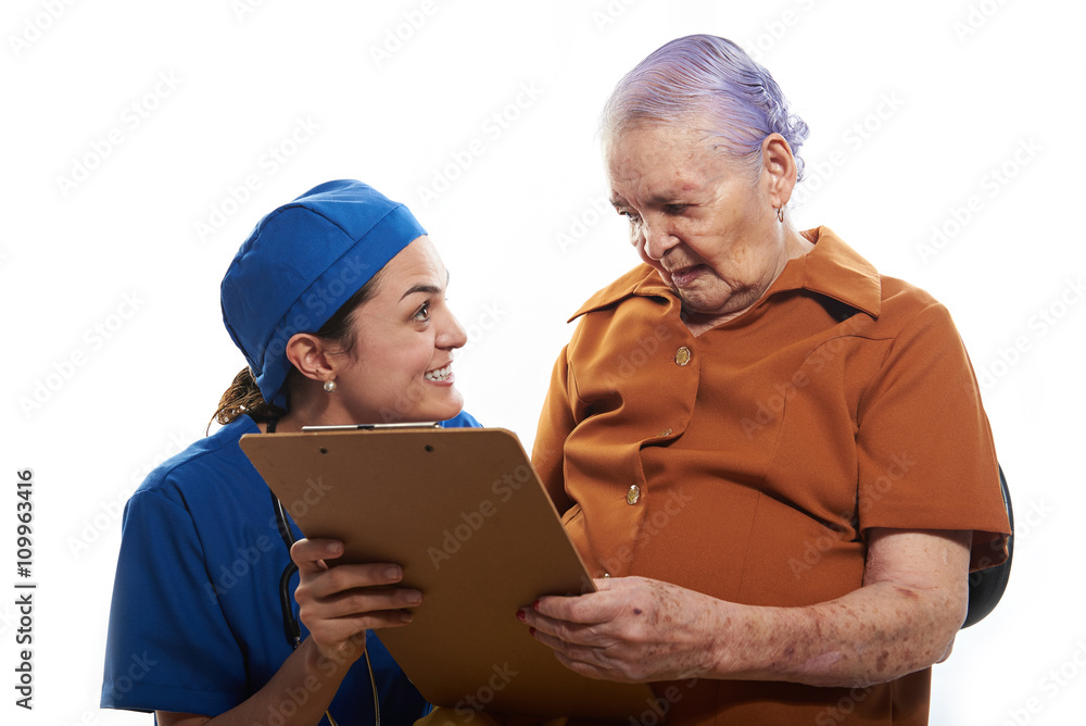 Old patient reading her history