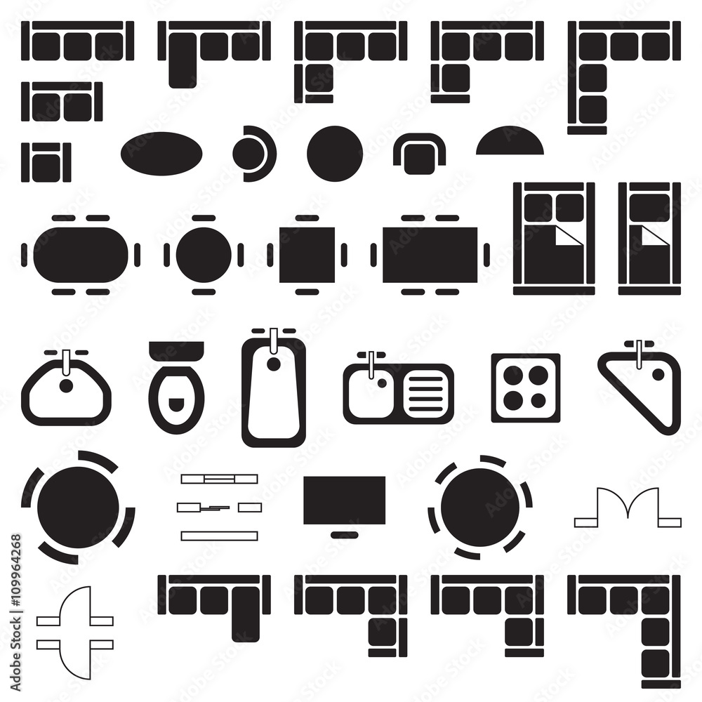 Standard furniture symbols used in architecture plans icons set
