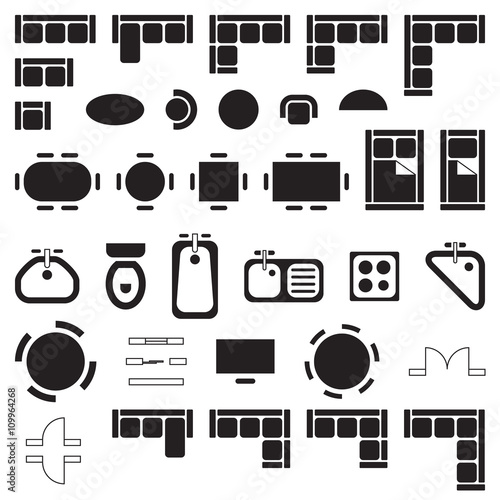 Standard furniture symbols used in architecture plans icons set, graphic design elements, black isolated on white background, vector illustration.