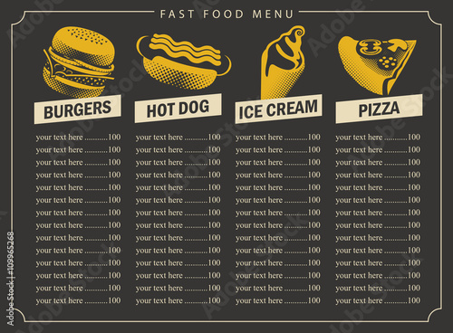 fast food menu with price list for pizza burgers ice cream  and hot dog