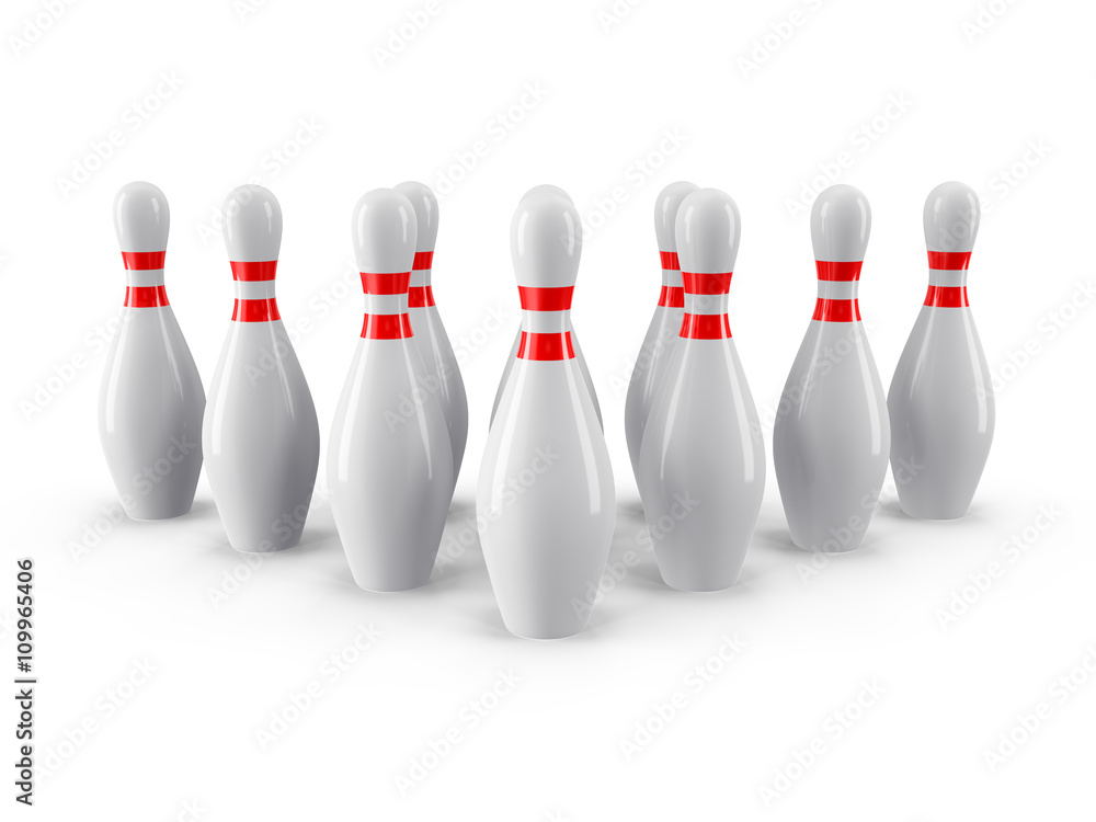 Bowling pins with gray shadow on white background. 3D rendering Bowling pins with gray shadow on white background. 3D rendering