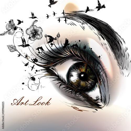 Fashion illustration with hand drawn female eye beautiful art lo