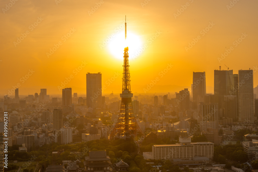 tokyo tower with sunset