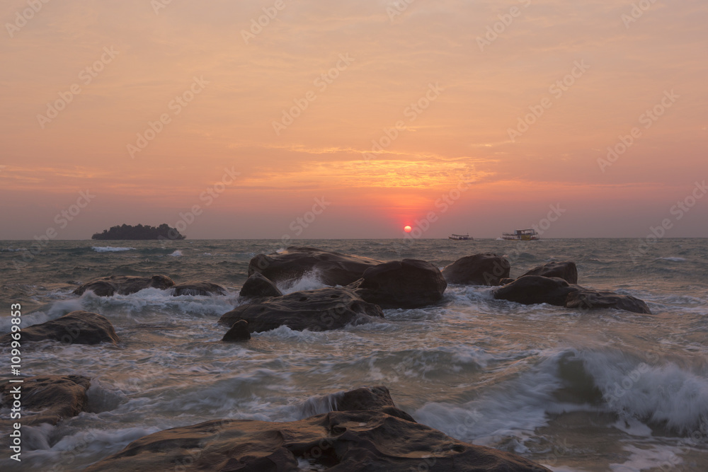 Summer sunrise seascape on tropical island Koh Rong in Cambodia