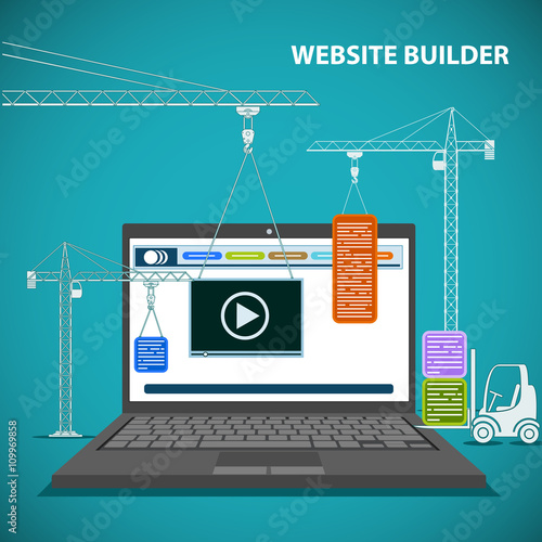 Construction machinery is building a website on a laptop. Flat g