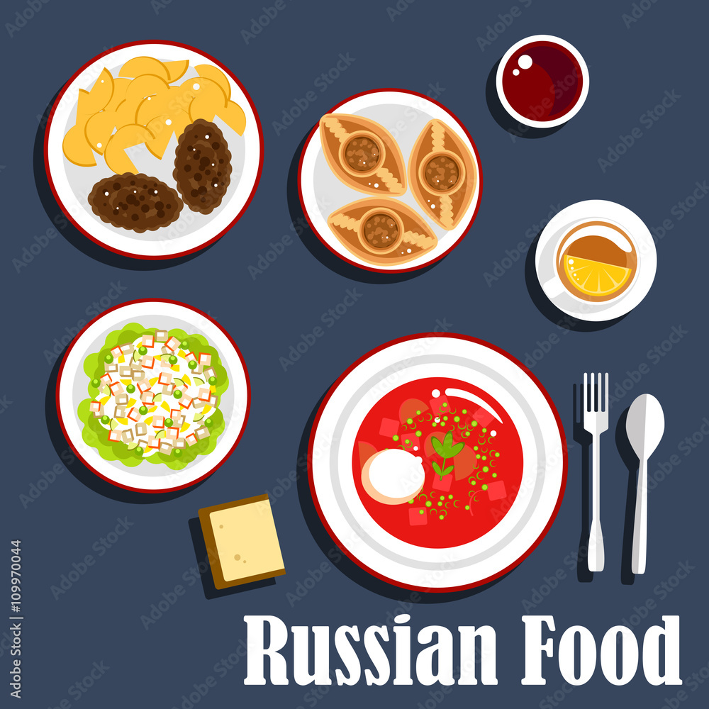Typical dinner of russian cuisine flat icon