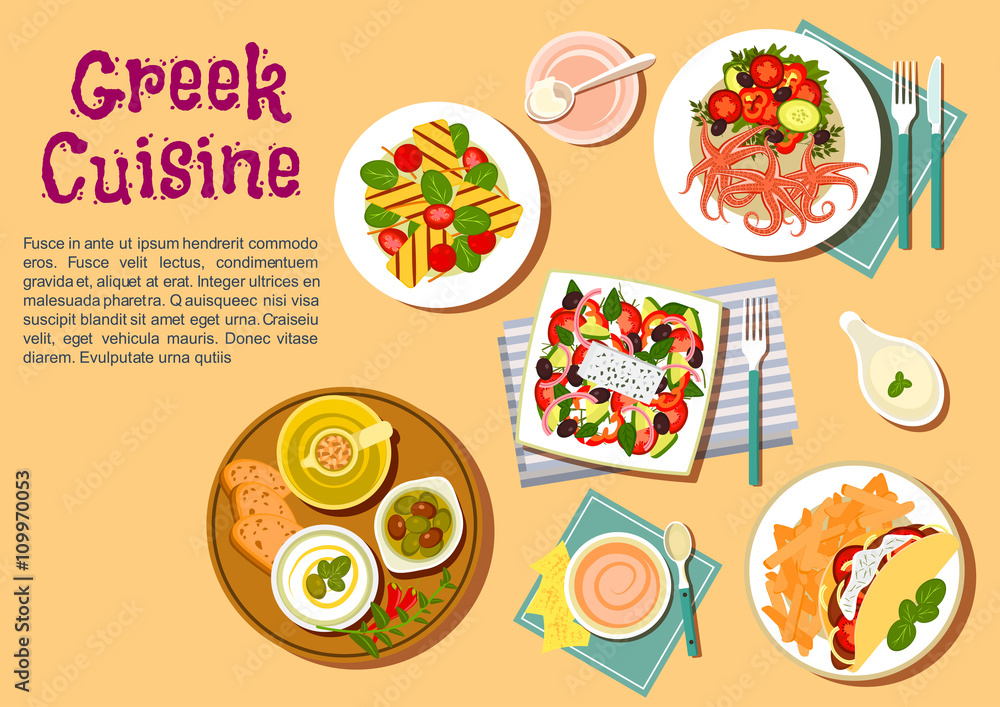 Greek cuisine flat icon with appetizer dishes Greek cuisine flat icon with appetizer dishes