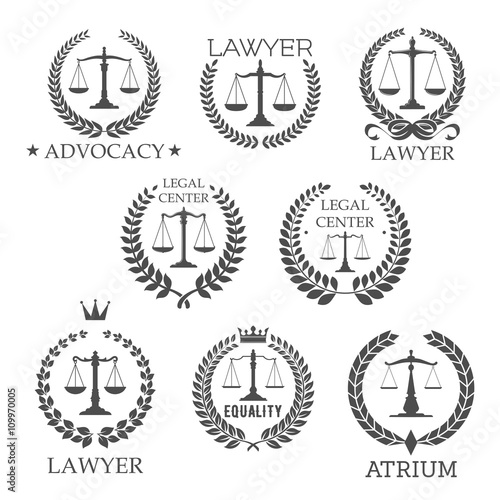Lawyer and law office icons with scales of justice