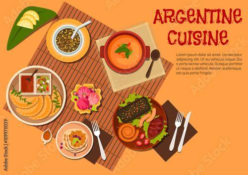 Argentine asado dishes with desserts flat icon