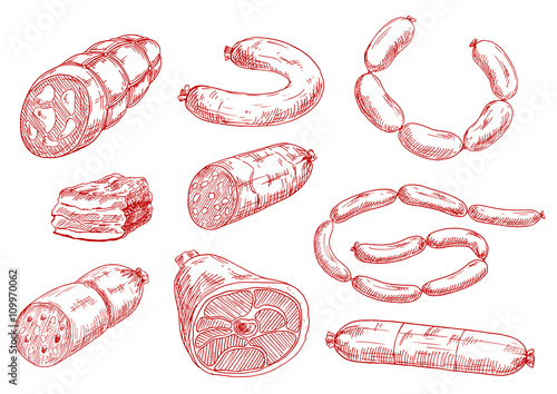 Fresh and tasty meat products red sketch icons