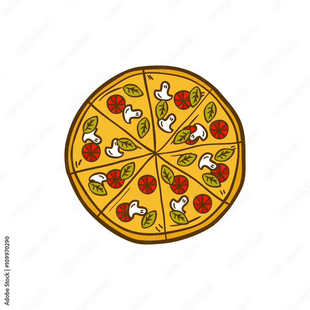 Vector cartoon hand drawn pizza logo illustration