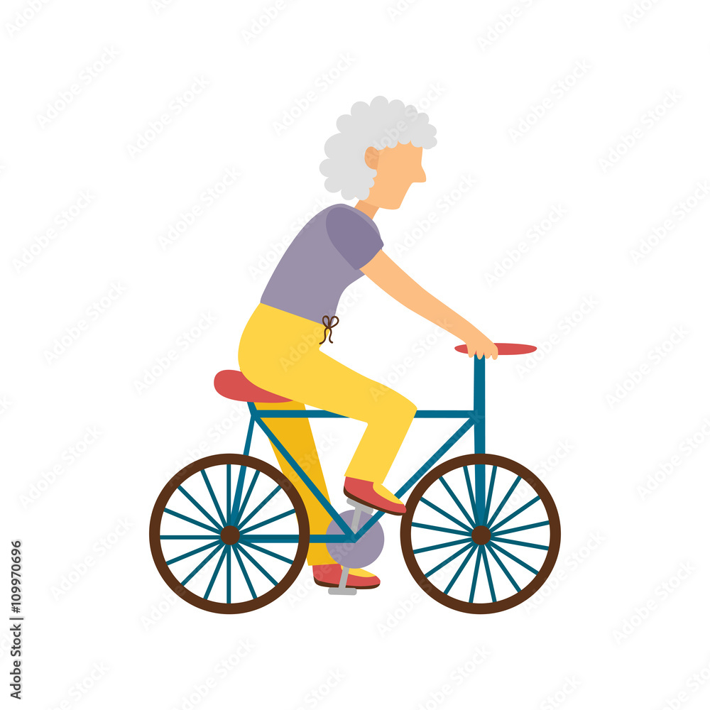 Vector illustration with cartoon flat old woman on bicycle. Vector old people activity concept. Active pensioner. Healthy sport lifestyle. Cartoon character old woman and bicycle. Sport for old people Vector illustration with cartoon flat old woman on bicycle. Vector old people activity concept. Active pensioner. Healthy sport lifestyle. Cartoon character old woman and bicycle. Sport for old people