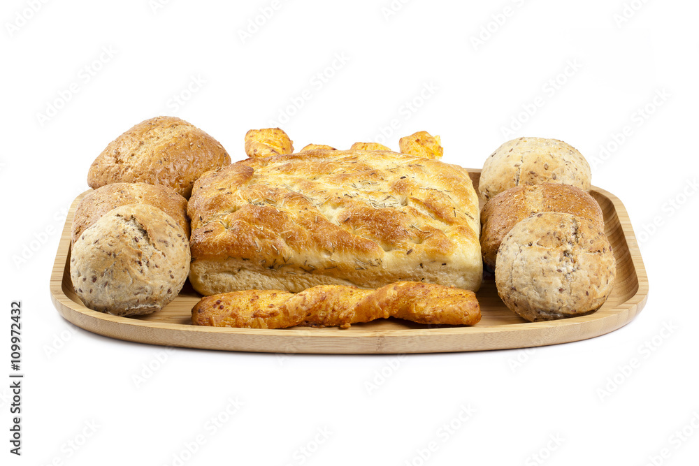 delicious bread set in wooden tray