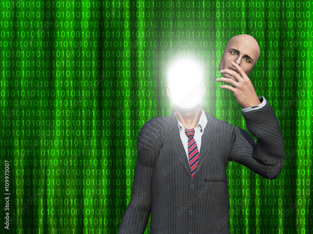 Man removes face to reveal inner light before binary streams Man removes face to reveal inner light before binary streams