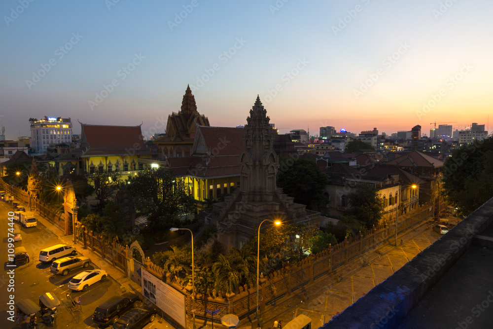 Urban view of the city of Phnom Penh by night, Cambodia