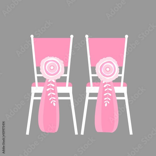 Wedding chairs decorated with  pink flowers. Vector illustration