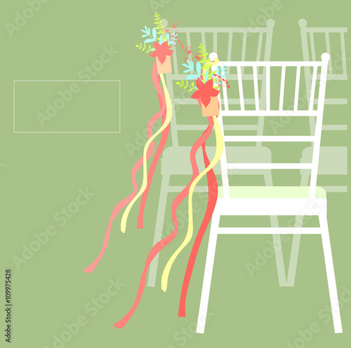 Wedding chairs decorated with ribbon and flowers. Vector illustration