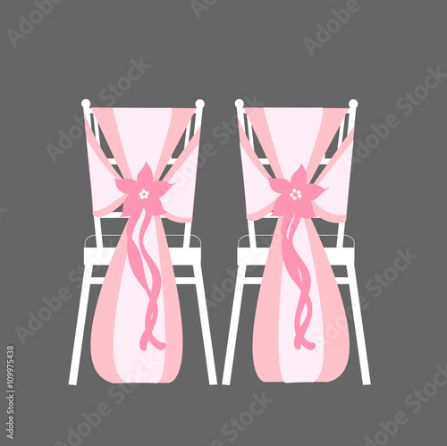 Wedding chairs decorated with ribbon and flowers. Vector illustration