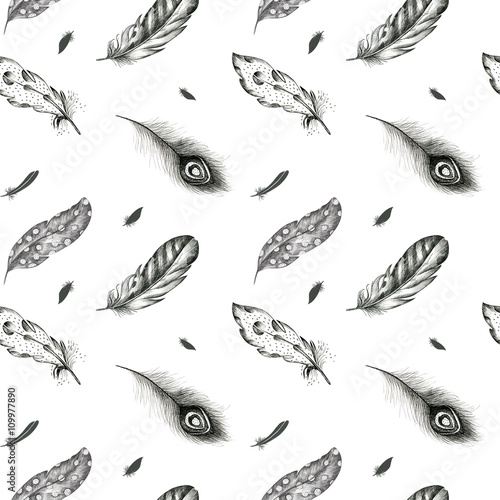 Vintage seamless  graphic pattern with hand-drawn feathers. Flyi © kris_art