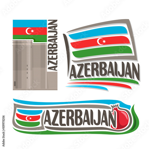 Vector logo for Azerbaijan, consisting of 3 isolated illustrations: Maiden Tower in Baku on background of national state flag, symbol of Azerbaijan and azerbaijanian flag beside pomegranate close-up