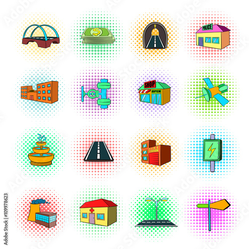 Urban infrastructure icons set, pop-art style 