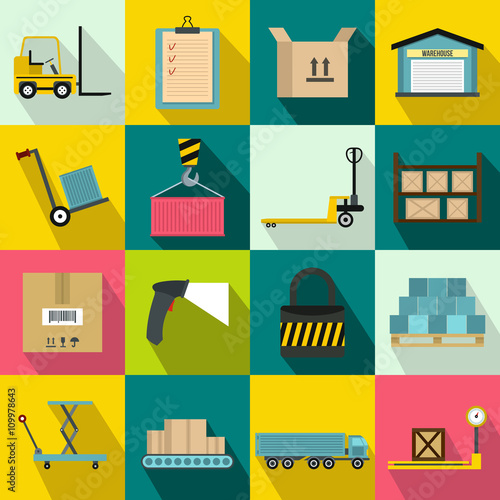 Warehouse logistic storage icons set