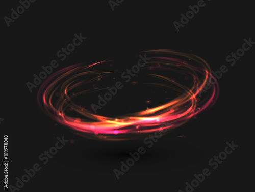 The tornado of light with sparkling lines. Bokeh particles on the swirling circles. Motion element on black background glowing light. Shiny gold color dodge effect. Vector illustration.