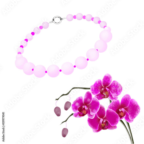 Necklace and orchid on a white background