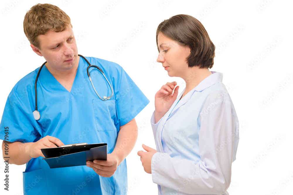 Doctor man and woman discussing a patient a diagnosis Doctor man and woman discussing a patient a diagnosis
